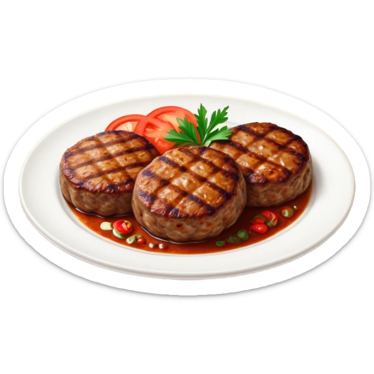 Cinematic Realistic image of Turkish Köfte, presented as perfectly formed, spiced meat patties with detailed textures and subtle grill marks, arranged artfully on a simple plate and illuminated by warm, appetizing lighting that accentuates their savory appeal. sticker