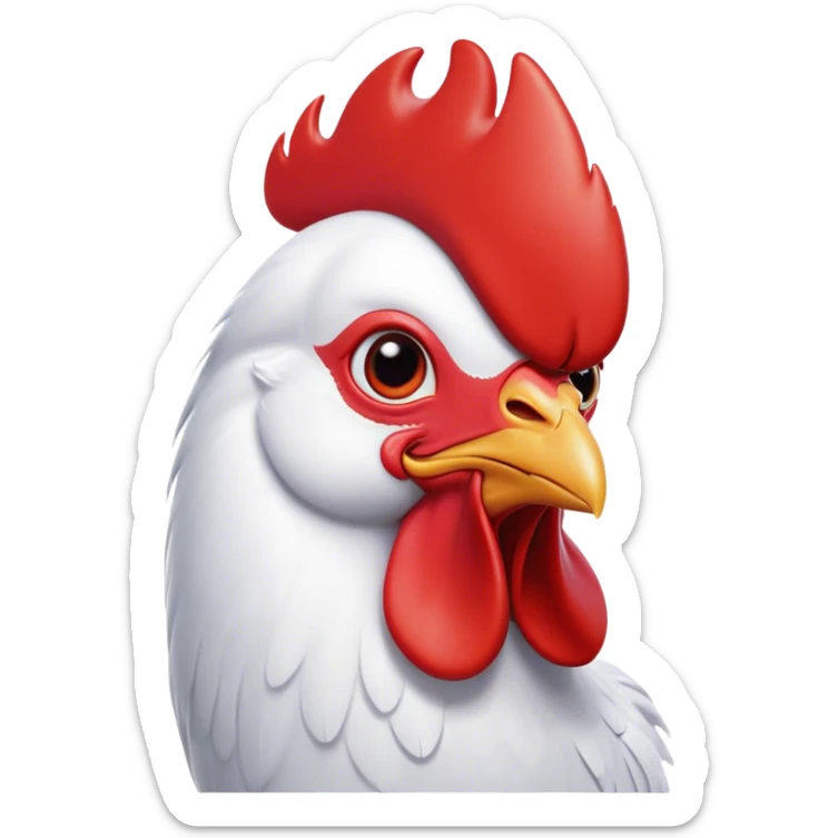 Cinematic Cute White Rooster Portrait Emoji, Head tilted playfully and inquisitively, featuring a glossy, immaculate white plumage with a vibrant red comb, round, sparkling eyes filled with curiosity, Simplified yet irresistibly adorable features, highly detailed, glowing with a warm, friendly glow, high shine, affectionate and spirited, stylized with a touch of farmyard whimsy, bright and endearing, soft glowing outline, capturing the essence of a mischievous yet loving rooster, so playful it feels like it could strut out of the screen and into your arms! sticker