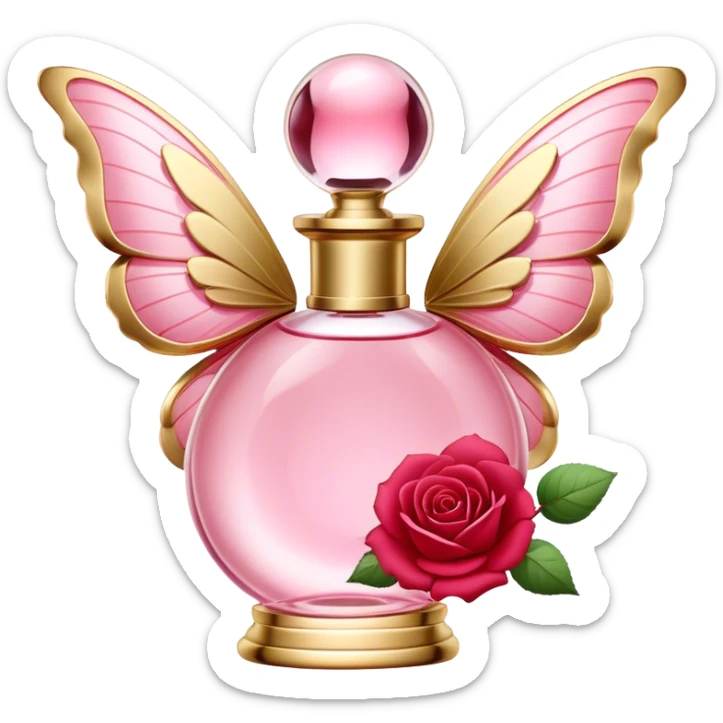An elegant perfume bottle in Angel Pink with gold accents, surrounded by delicate butterflies with Rose Red and Deep Red wings, gracefully fluttering in a warm, romantic glow. sticker