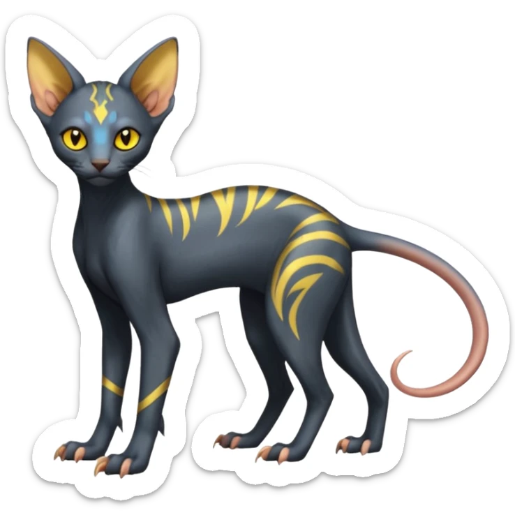 Lykoi-Electrike-Sphynx-Luxray-fusion-hybrid-animal-Fakémon-creature, full body, thin long sleek scaly tail, intricate markings sticker