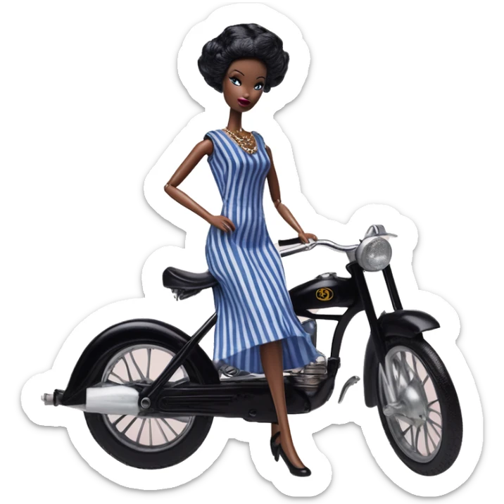 1920s coal hair Silkstone Marie Antoinette Barbie Wednesday Addams from academy in a blue and black vertically-striped classic dress. riding hot rod bikes with crows sticker