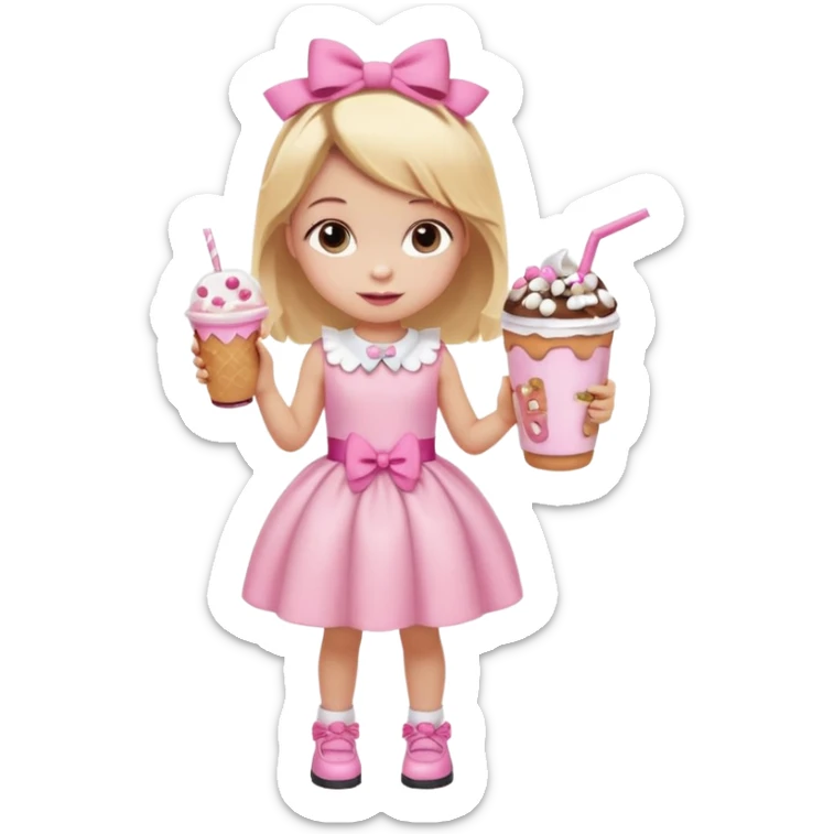 A little girl with a Dunkin' milkshake and a donut with pink frosting and marshmallows, wearing a pink coquette-style dress with bows and blonde hair. sticker