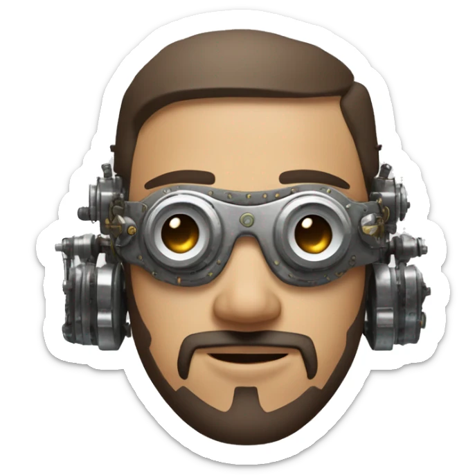 male cyborg head with brown short hair, brown beard, silver steampunk goggles and circuitry sticker