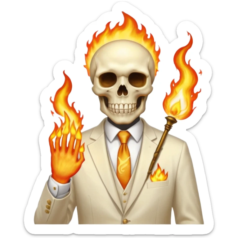 aesthetic shiny glowing divine lighting - Megadeth icon - a politician in an ivory ethereal suit wears a white tie, has a skull instead of a head, and instead of glasses, burrning in flame sticker