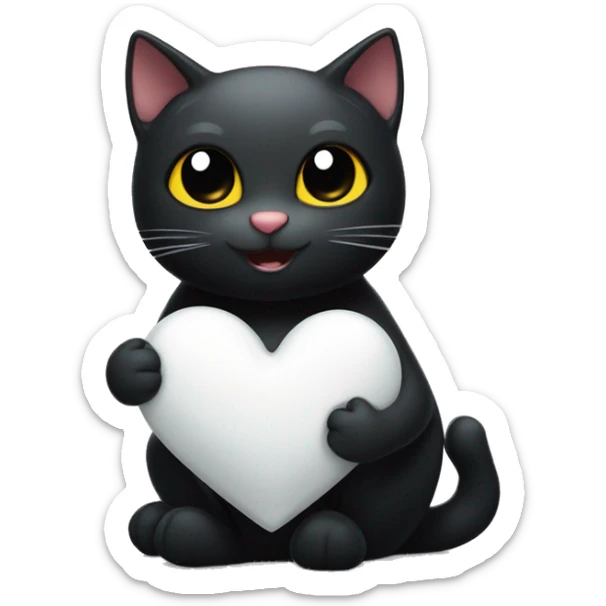 the black cat smiles sweetly and holds a white heart near its belly and hugs it sticker