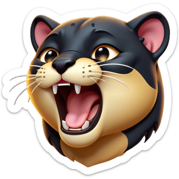 Cinematic Cute Yawning Panther Portrait Emoji, Head tilted slightly with a dramatic, wide-open yawn, showcasing a sleek, shadowy form with drowsy, half-closed eyes and a relaxed, open expression, Simplified yet irresistibly adorable features, highly detailed, glowing with a soft, cozy dark glow, high shine, relaxed yet expressive, stylized with a dash of whimsical elegance, soft glowing outline, capturing the essence of a drowsy yet affectionate jungle guardian that appears ready to stretch out for a nap! sticker