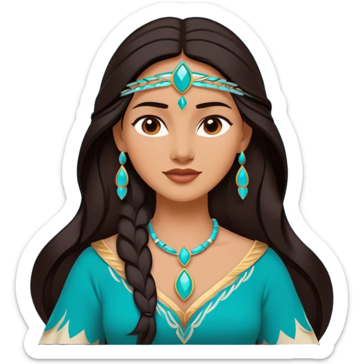 Cinematic Majestic Pocahontas Portrait Emoji, rendered in a clean, vector-style with bold shapes. Show Pocahontas with a serene, noble expression, radiant sun-kissed skin, and elegantly flowing dark hair, dressed in traditional garments with subtle turquoise accents. The design radiates a majestic, natural glow, high shine, and a soft glowing outline, capturing her regal beauty. sticker