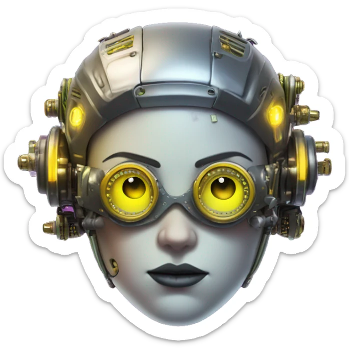Fat faced Caucasian female cyborg head with Neon yellow bobbed hair, silver steampunk goggles and circuits sticker