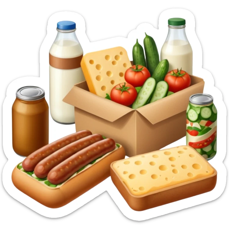 a box of groceries, sausage, cheese, canned meat, herbs, milk, tomatoes, cucumbers, and a loaf of bread sticker
