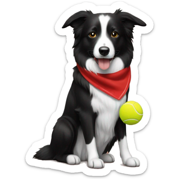 Black with a little white on her short fur border collie dog, red bandana, yellow tennis ball held in mouth sticker