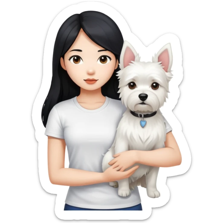 An Asain girl with long black hair to her wearing a white tight tshirt, she is  holding a west highland terrier with big ears  sticker