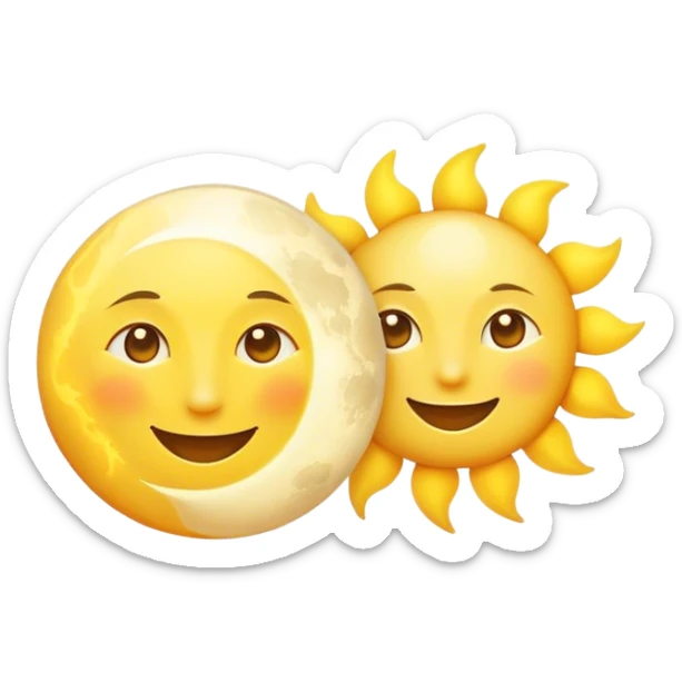 a really bright  big sun and a small moon who shines because of it. the sun is bigger and the moon bright too beside it smiling sticker