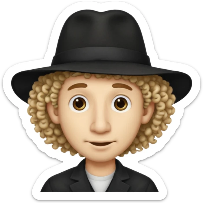 A man with a big nose and a black hat like a top hat but round and all black, with a strand of curly hair coming out from both sides of the hat, the strand of hair should be long  sticker
