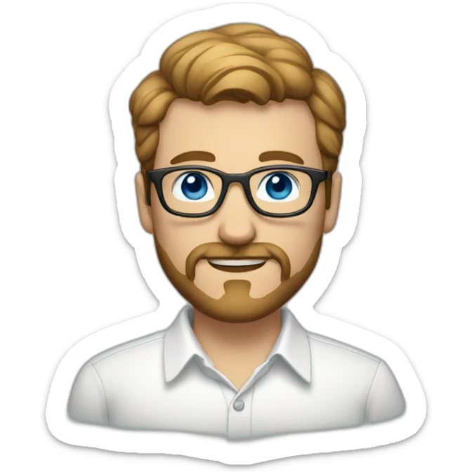 man with short light brown hair, beard and mustache and glasses, blue eyes, white shirt with like sticker