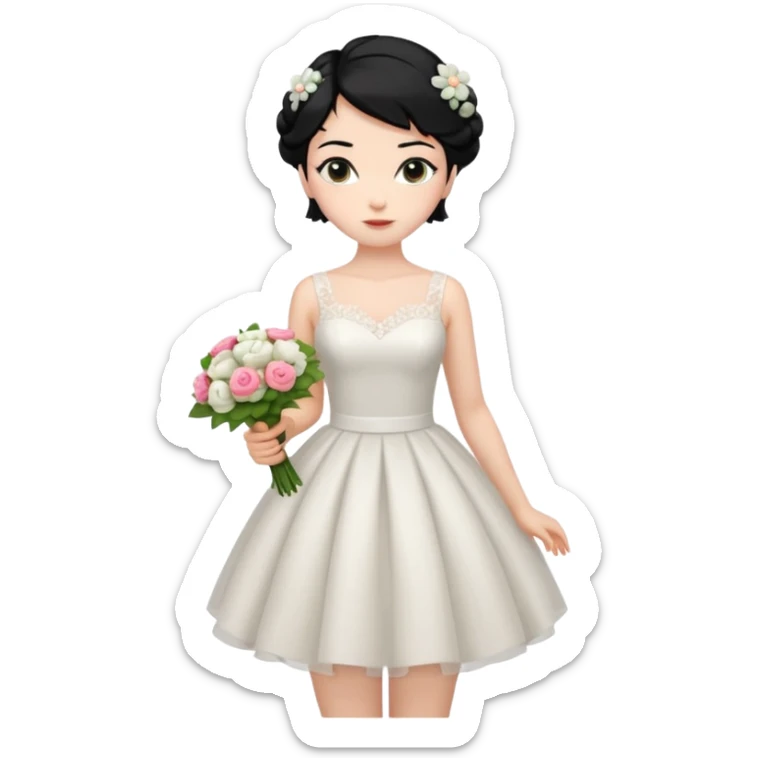 Chica blanca,cuerpo entero, vestido boda corto, pelo negro,   1 ramo de flores , pelo recogido sticker