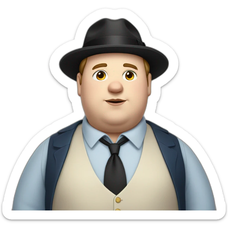 young fat white man wearing a black trilby and a blue waistcoat. no tie and brown hair sticker