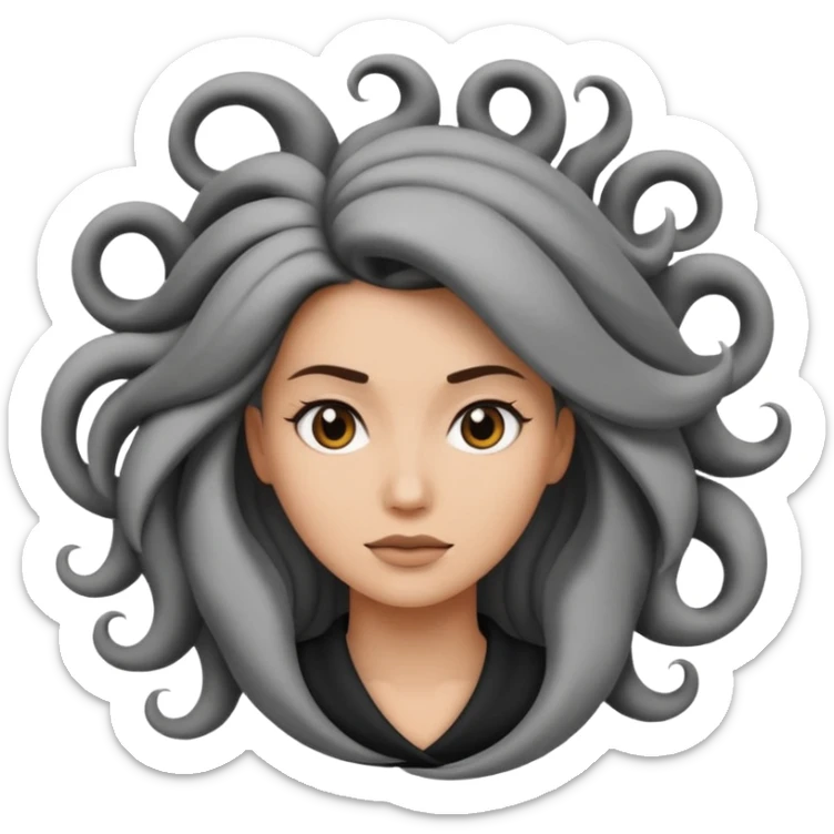 Minimalist emoji-style sticker of a woman’s head in profile, her hair spiraling into a vortex shape. Desaturated black and gray tones, emoji proportions.
 sticker