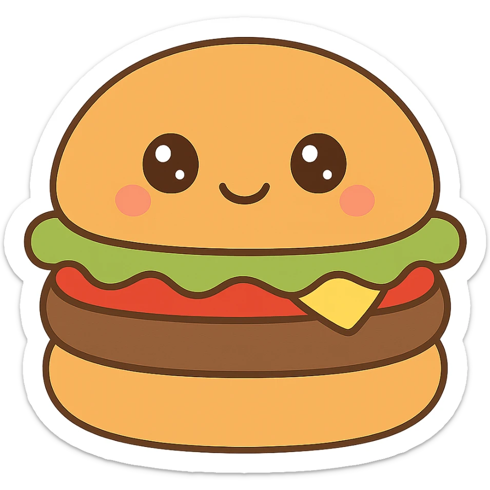 Adjust the colors of the plush kawaii squishmallow burger to look like a real burger: golden brown bun, green lettuce, red tomato, yellow cheese, and brown patty. Keep the plush kawaii squishmallow style with no background. sticker