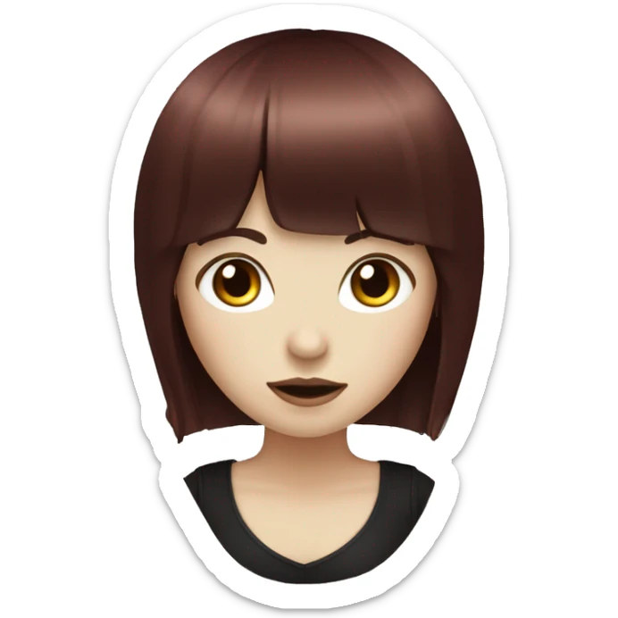 girl that has white skin and Long Dark red hair and fringe bangs and is wearing black sticker