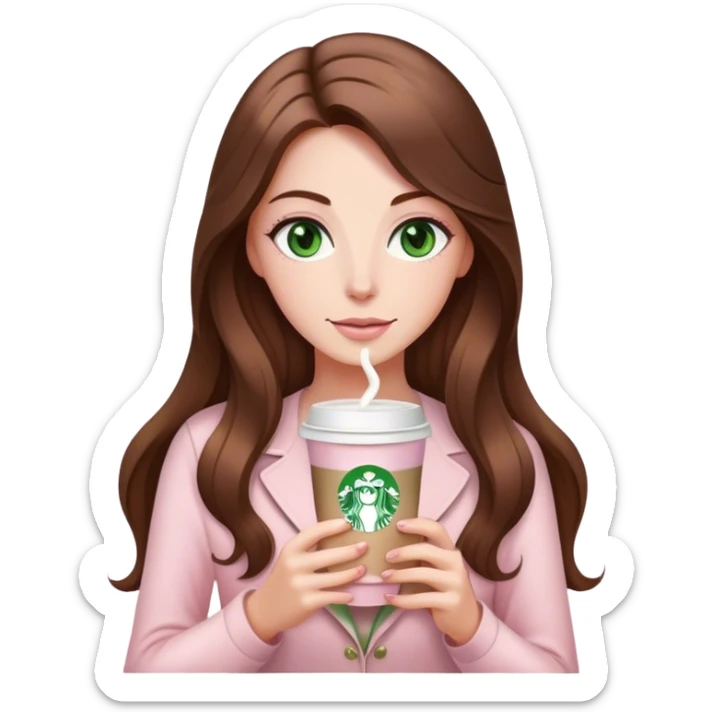 pretty woman with very long brown hair and green eyes and light pink outfit with a latte sticker