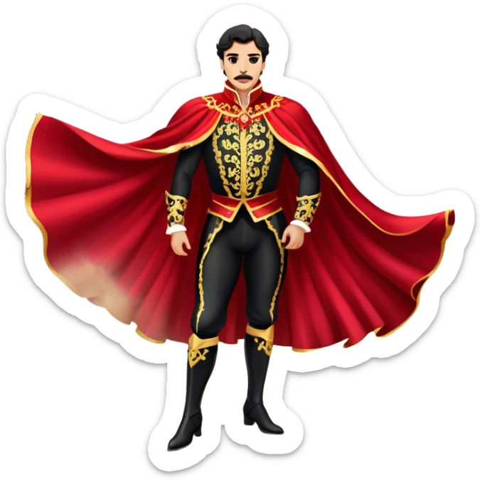 Spanish Matador – Cinematic Realistic Spanish Matador, portrayed in an ornate traje de luces with a flowing red cape, standing poised in a classic bullring with swirling dust and dramatic light, his intense expression and elegant stance capturing both bravery and artistry. sticker