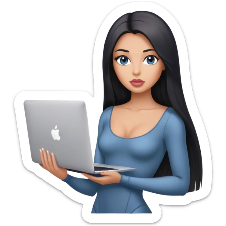 Glamours, tanned, very beautiful girl, with big pump peach-beige-rose lips, black straight smooth silky long hair, straight parting, blue-grey eyes, in bodysuit holding MacBook sticker