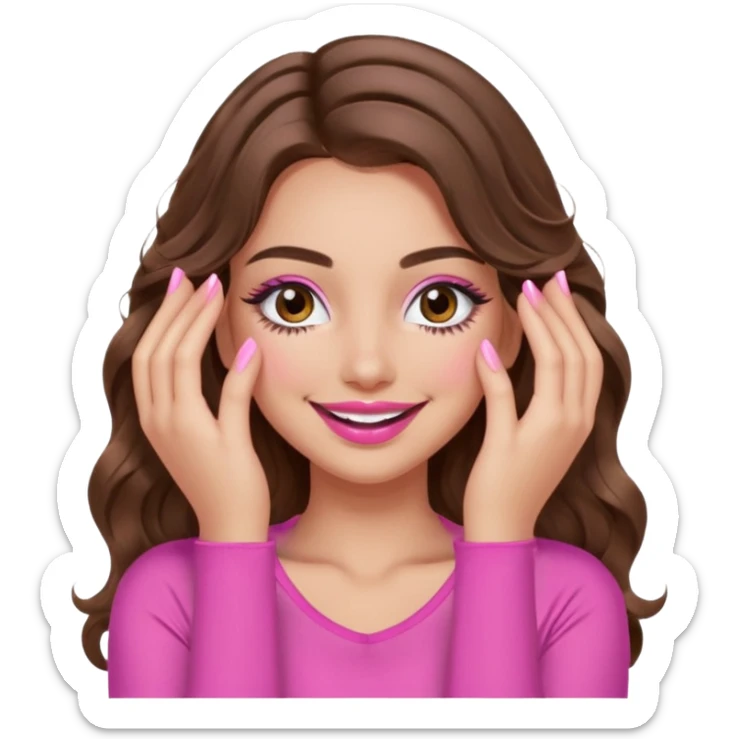 girl with long wavy brown hair, brown eyes, long lashes, sexy pink lips, light to medium complexion, wearing a pink sexy top, smiling, hands covering over the eyes sticker