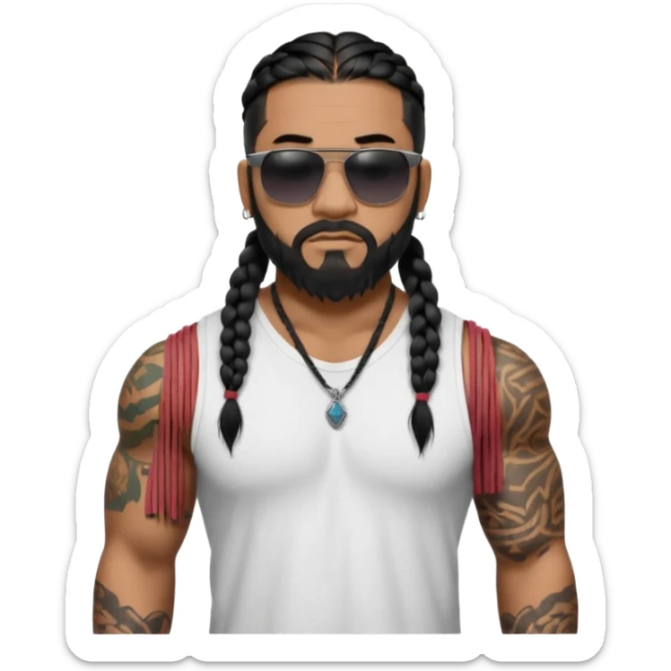 Samoan male. Chin beard only.
Untucked loose fitting white t-shirt. 
long black braided hair.
very muscular.
Even More tattoos. 
Tough and menacing.
Dark black square sunglasses. sticker
