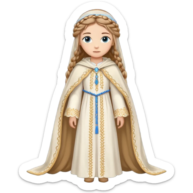 Joven de unos 20 años, de aspecto dulce y elegante.
Piel clara, ojos (pueden ser azules o verdes)
Rubio o castaño claro, largo, con trenzas o velo.
Vestido largo de tonos suaves (blanco, azul o lavanda), con bordados dorados; un manto o toca fina cubriendo la cabeza. Haz todo el cuerpo sticker