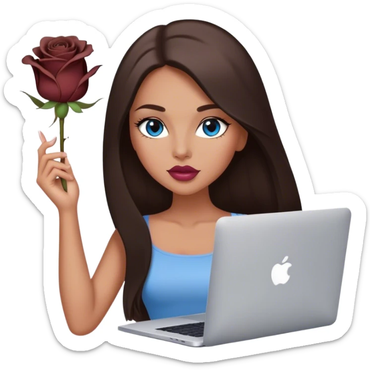 Glamours tanned very beautiful girl with pump natural rose-beige lips and dark chocolate straight smooth long hair, blue-grey eyes with MacBook sticker