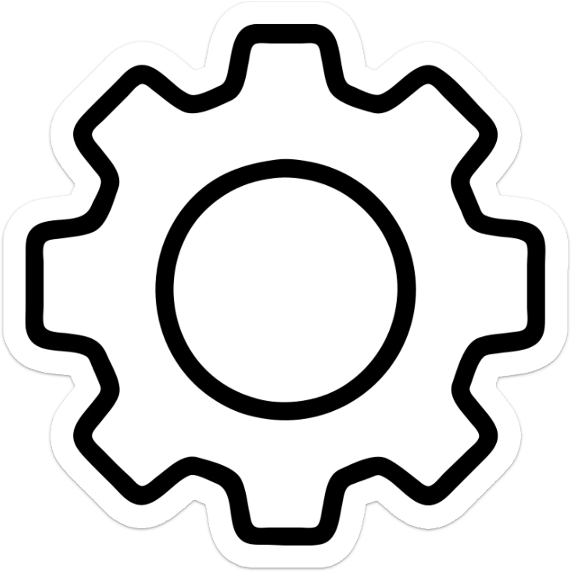 black and white outline icon of a spur gear, bold lines, modern outline sticker