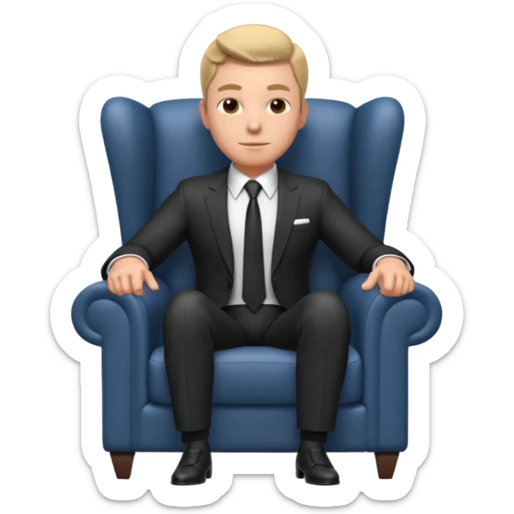 businessman sitting in an armchair, confident relaxed pose, formal suit and tie, professional corporate vibe, 3D cartoon style, mobile game icon style, clean background, no text, no watermark
 sticker