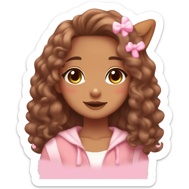 TAN SKIN GIRL WITH LONG BROWN CURLY HAIR AND A CORGI pink kawaii shiny blushing cute kawaii pastel anime trending style pink pastelcore sticker