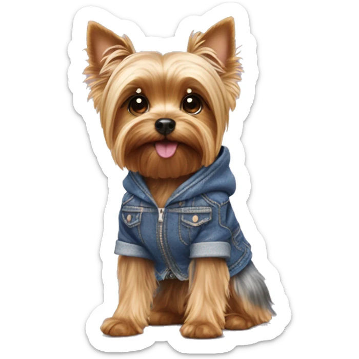 Yorkshire terrier wearing a denim skirt and pink hoodie sticker