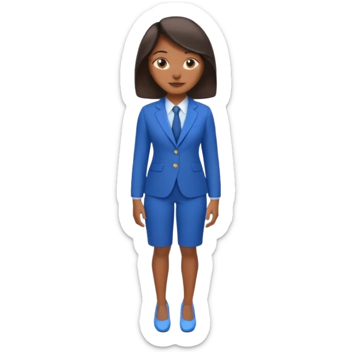 black woman in a blue smart suit and shoes, standing with hands by her side, slight smile, emoji style sticker