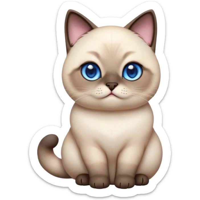 Cinematic Cute Chubby Siamese Cat Portrait Emoji, Round and plump body, soft cream-colored fur with rich dark points on the ears, face, paws, and tail, big, sparkling sapphire-blue eyes, Simplified yet irresistibly adorable features, highly detailed, glowing with a warm, cozy glow, high shine, curious yet calm, stylized with a touch of whimsy, bright and endearing, soft glowing outline, capturing the essence of a mischievous yet lazy and loveable kitty, so cuddly it feels like it could waddle right out of the screen for a snuggle! sticker