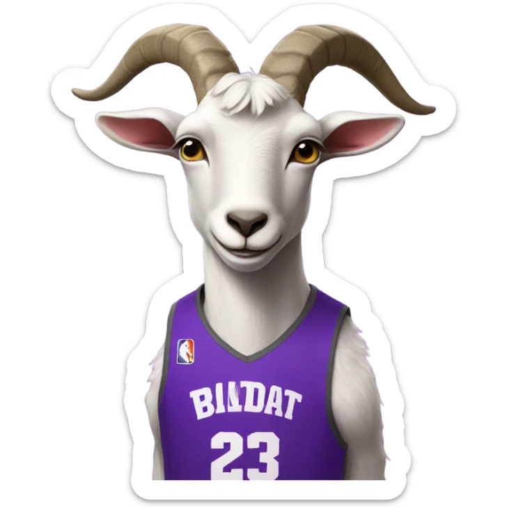 A goat with a purple basketball jersey with the number 23 sticker