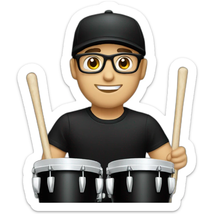 male drummer, caucasian, with a black cap, glasses, and black t-shirt sticker