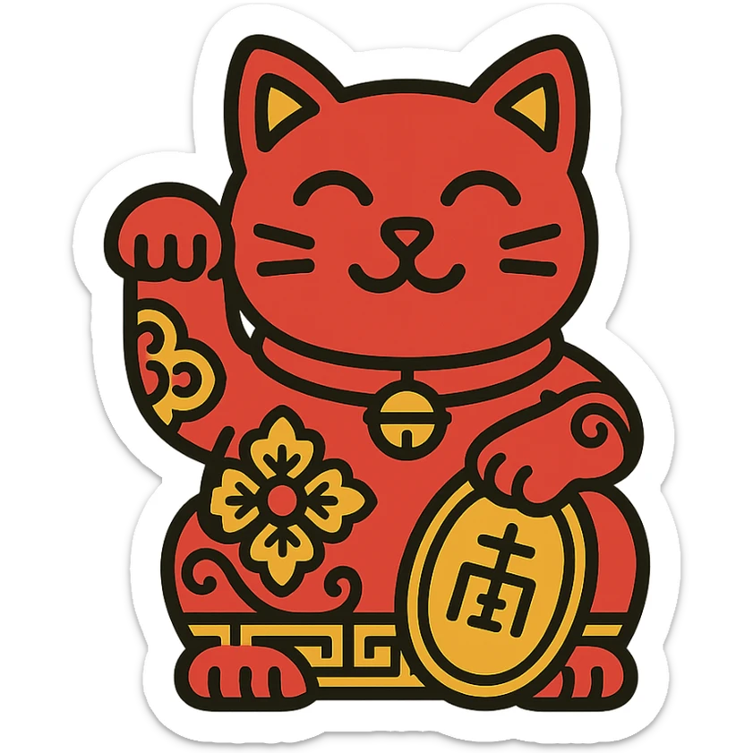 Chinese style lucky cat, waving paw, ornate details, red and gold accents sticker