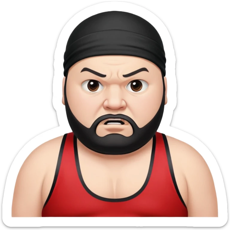 Extreme close-up of face of morbidly obese white skin guy with young face, prominent BLACK DURAG tied clearly on head, black beard but no mustache, clean shaven upper lip, black eyes in a red and black wrestling singlet with angry expression sticker