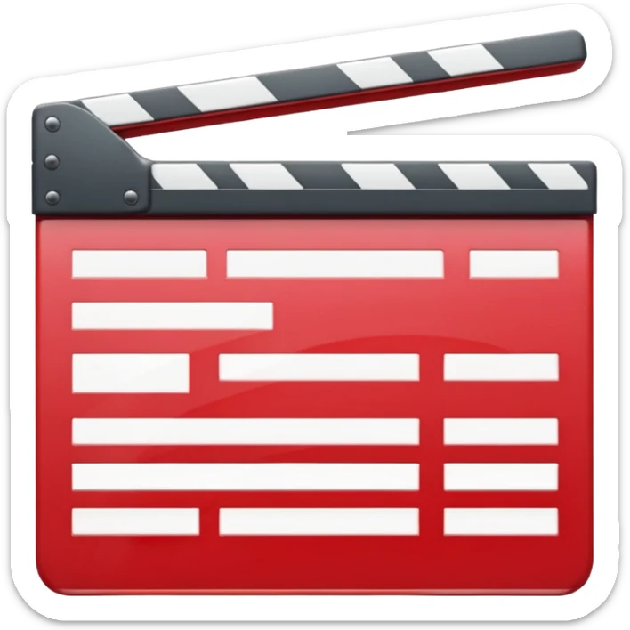 Glossy bright red clapperboard in the classic style of Apple icons: the top bar is tilted up-left, the body and bar with a deep glossy glare, dark gray edging, black background inside, perfectly square with rounded corners. 🔴🎬✨ sticker