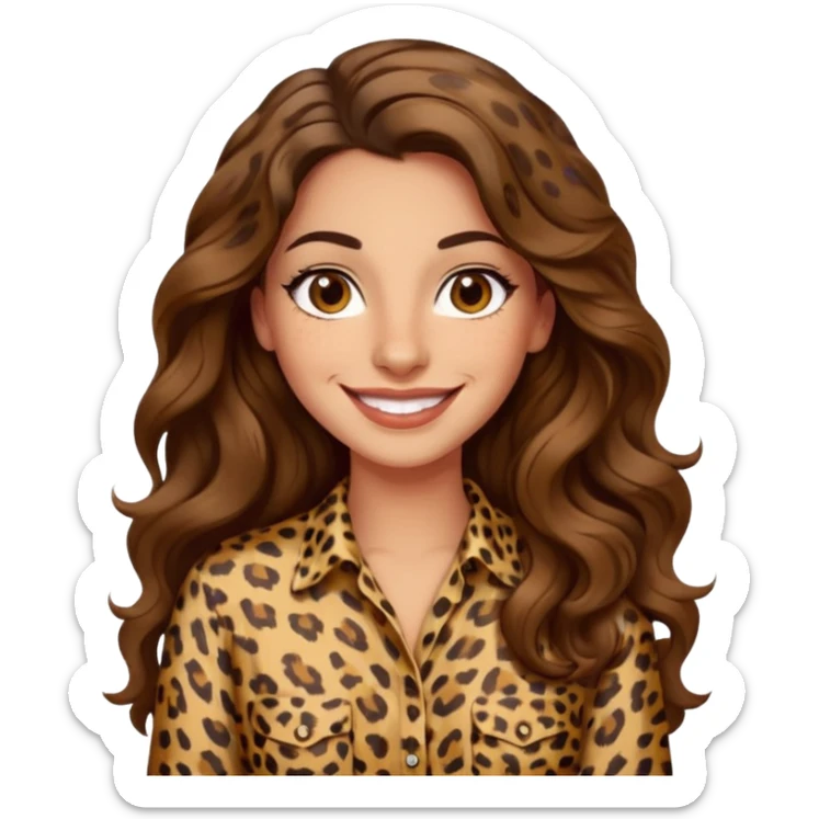 30 yr old italian woman, long brown wavy hair, big brown eyes, huge smile, leapord shirt, no bangs,  sticker