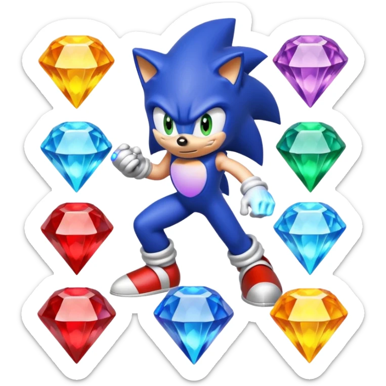 I want Sonic the hedgehog with the 7 chaos emeralds and the Goku aura transformation, where is the super Sonic aura Is a power 7 diamonds, red, blue, yellow, green, white, cyan and purplr sticker
