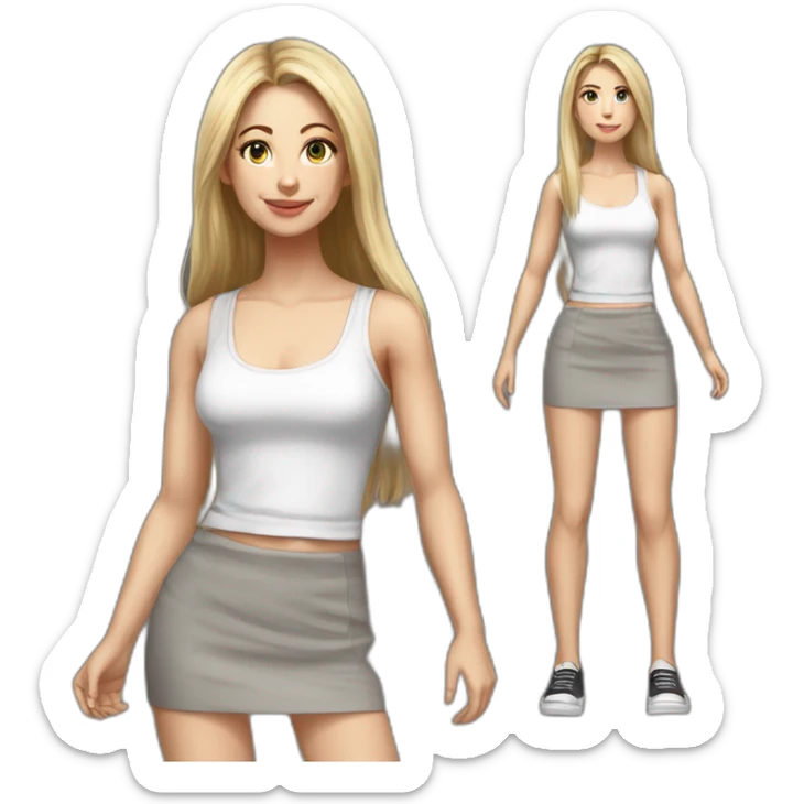 caucasian woman, with long straight hair, blonde hair, brown eyes, white tank top, gray tight mini skirt, black shoes, full body, hyperrealist drawing sticker