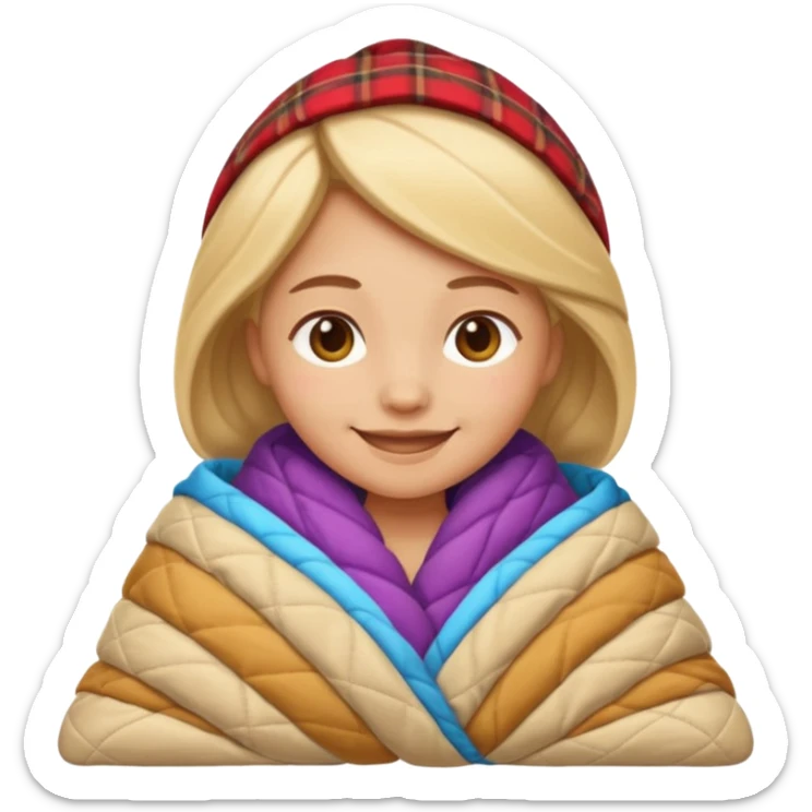 Create an iOS‑style emoji of a girl wrapped in a thick quilted blanket, smiling calmingly with a relaxed, cozy cabin vibe and soft lighting. sticker