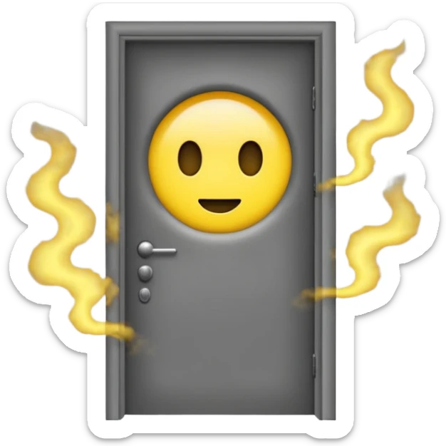 Minimalist emoji-style sticker of a half-open door, with smoke and a single glowing eye visible in the dark inside. Flat design, desaturated colors.
 sticker