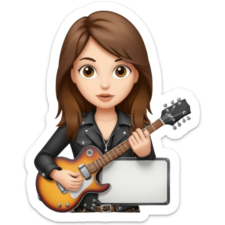 A fair skin rocker chick with long brown hair holding a large blank sign sticker