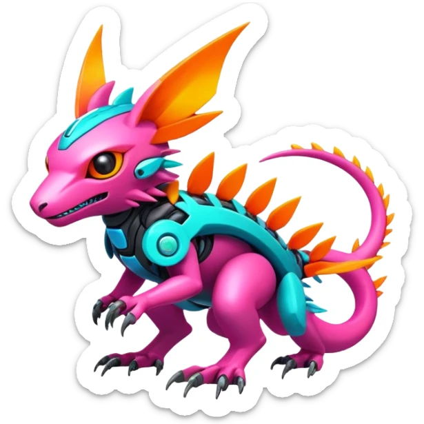 Tropical futuristic lush warm-colored modern colorful neon-colored cyber-Fakémon-Digimon-Trico-creature sticker