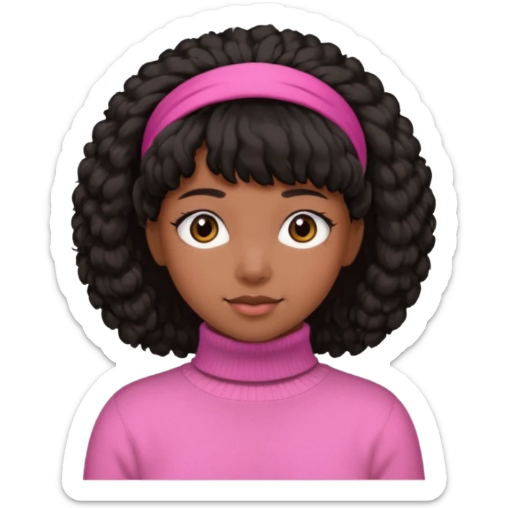 black fluffy haired girl with pink turtleneck sweater and hair band sticker