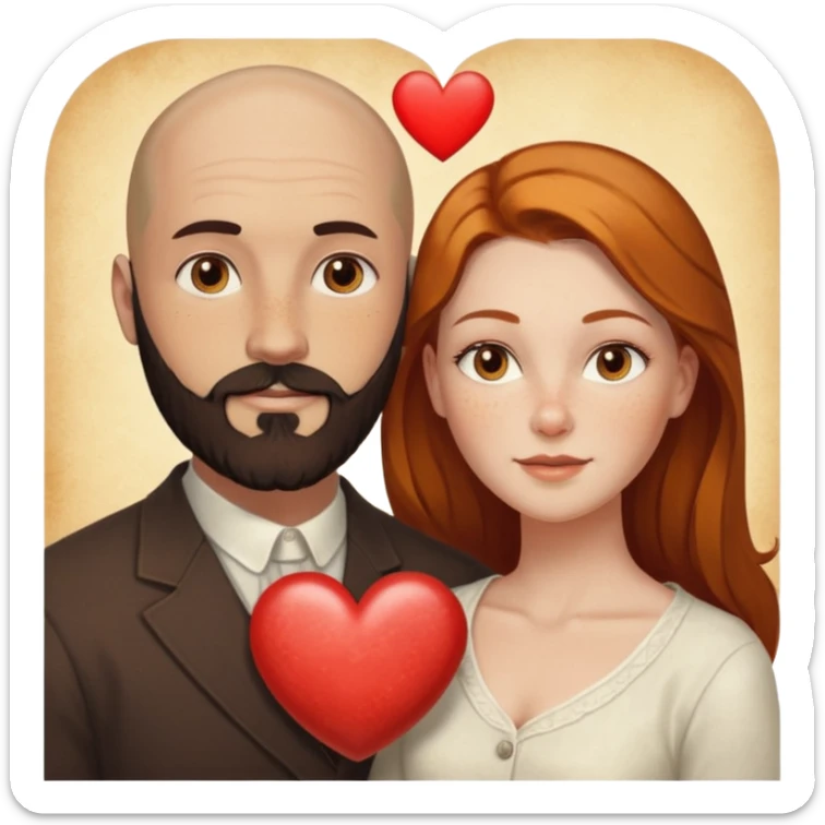 Couple. Bald man with dark brown-black beard. White woman with many small, faded freckles, white skin and she has auburn-yellow-brown-caramel, dark hair. She has light orange-brown eyes. The man have hazel eyes. They are inside one big heart. Retro style. sticker